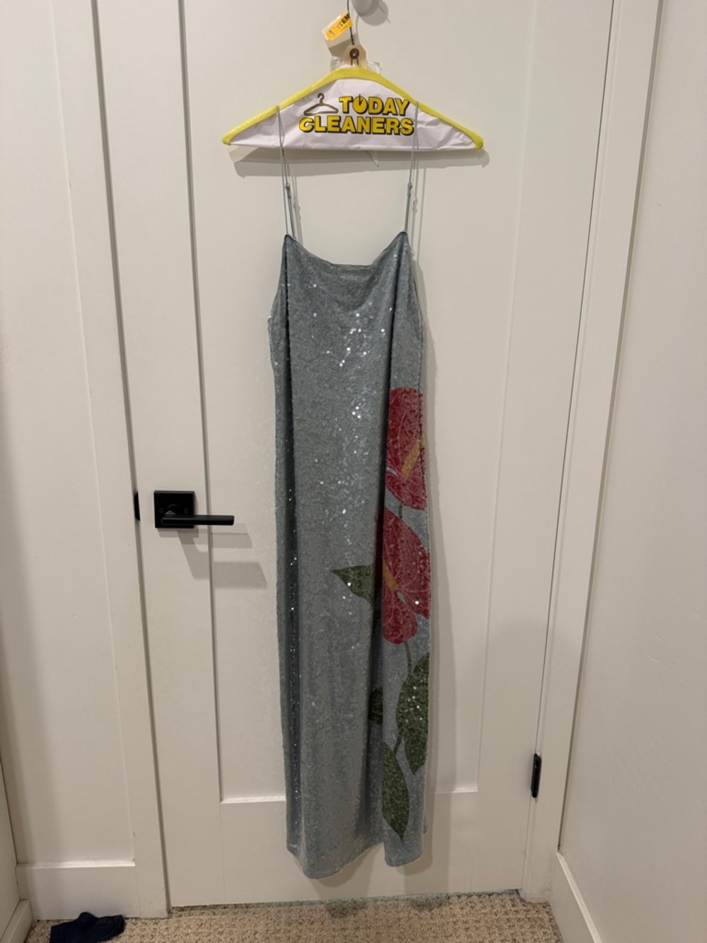 FARM Rio Silver Sequin Midi Dress with Pink & Green Floral